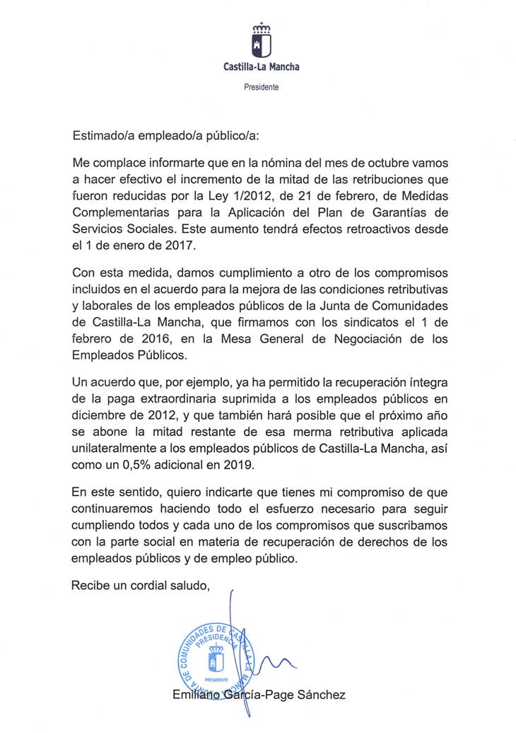 Abono del incremento de la mitad de las retribuciones que fueron reducidas a los empleados públicos en la anterior legislatura